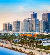 Cityscape across water in Miami, Florida, with palmtrees in the foreground