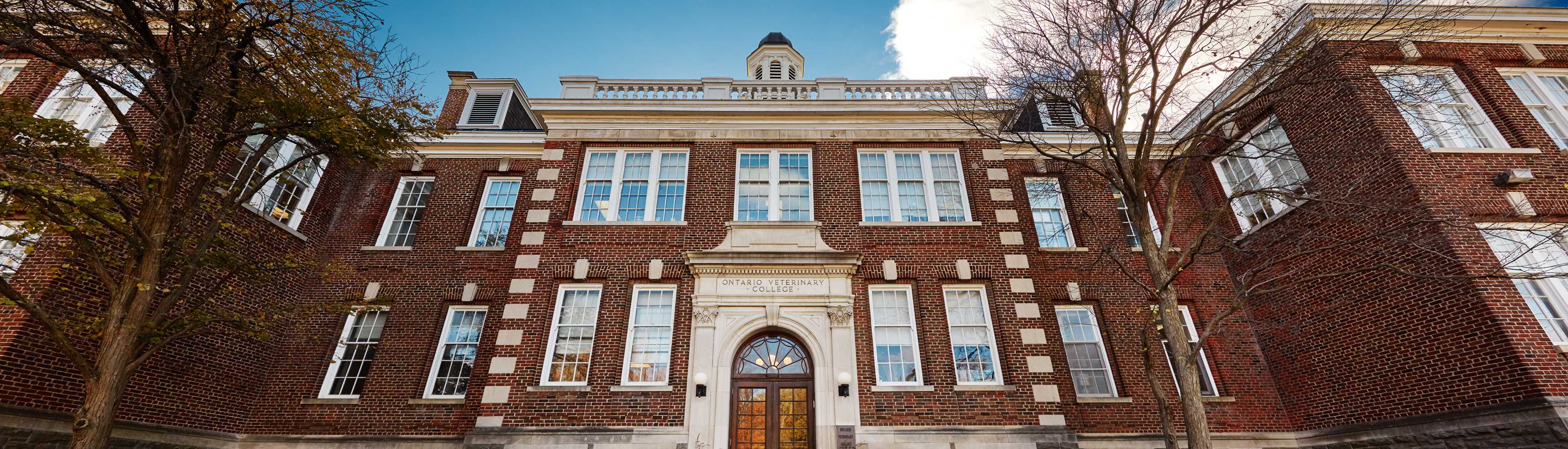 Front view of the historic Ontario Veterinary College (OVC) building at the University of Guelph, showcasing its classic brick architecture under a clear sky.