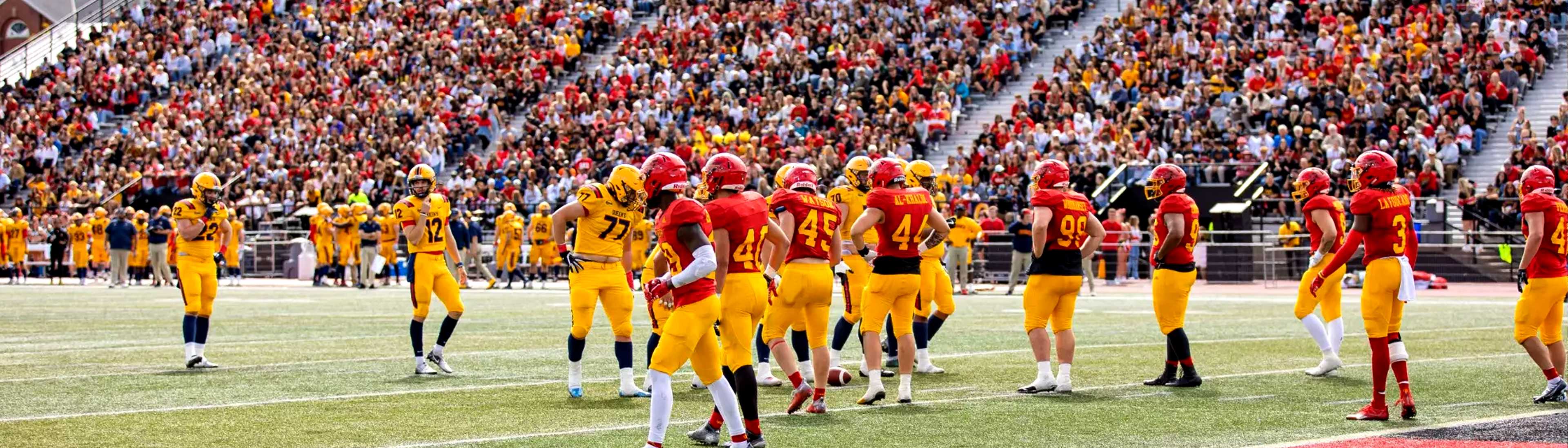 University of Guelph football players in red and yellow uniforms face off against the opposing team during a packed homecoming game at a crowded stadium.