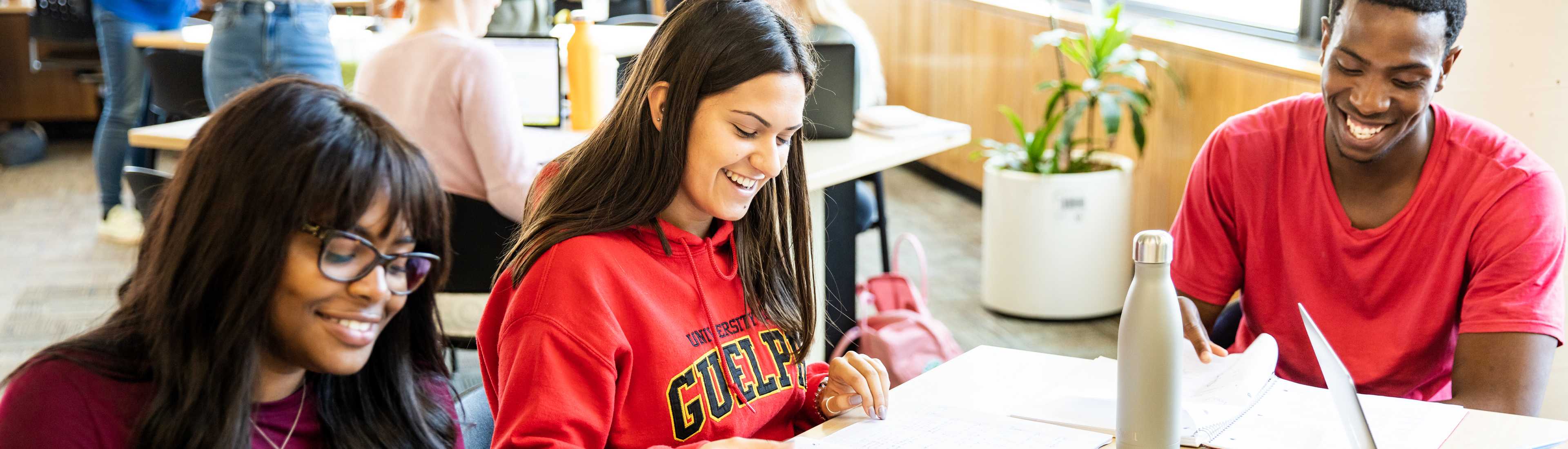 Group of University of Guelph students studying together and smiling in a bright, modern study area.